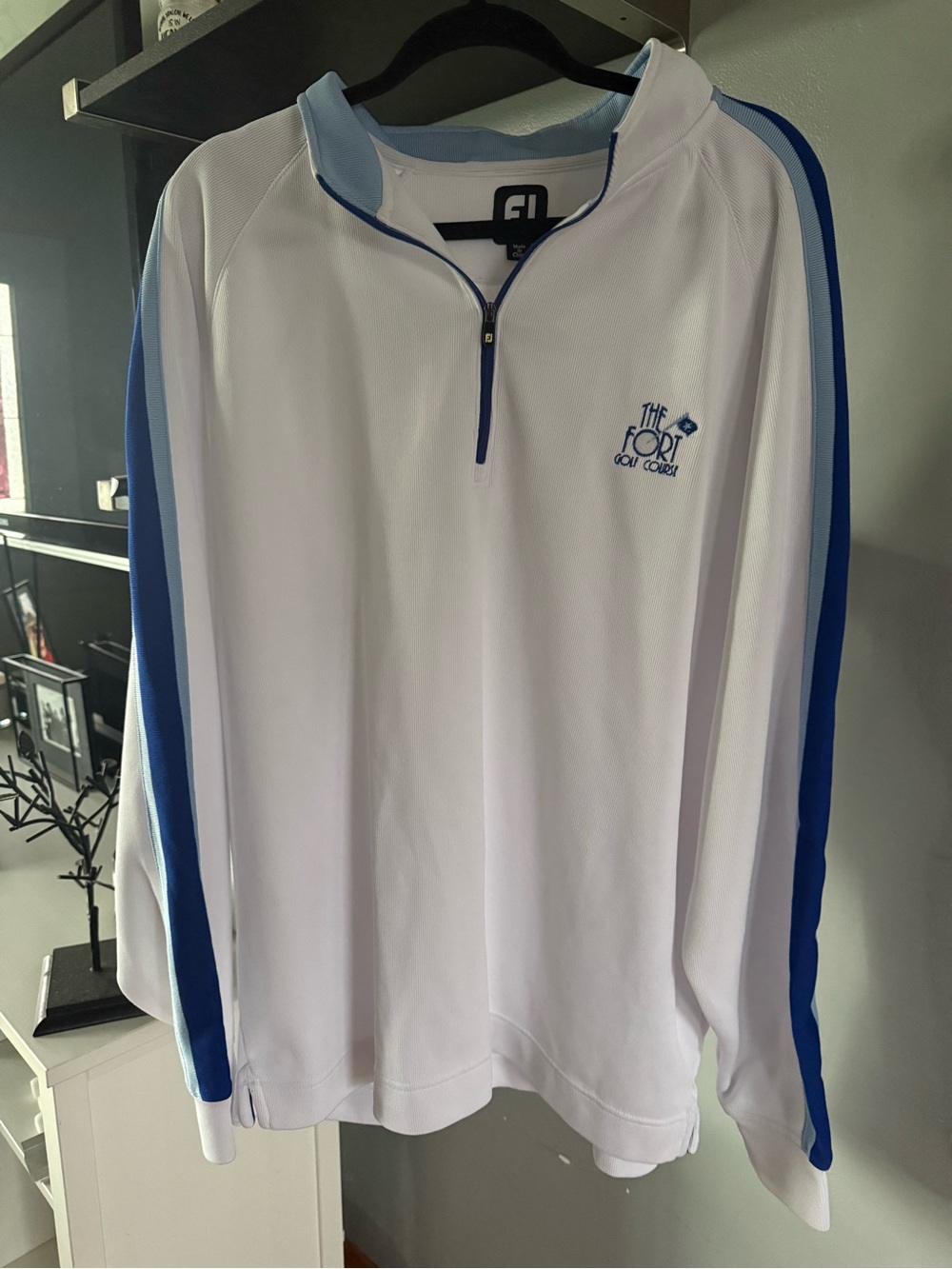 FootJoy The Fort Golf Course White 1/4 Zip Pullover with Blue Stripes